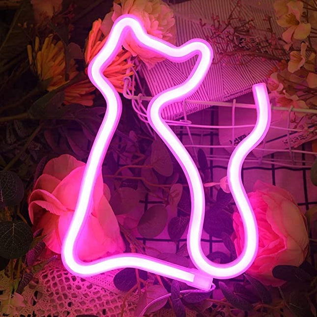 Neon LED Różowy kot na ścianę – 25 × 17,5 cm, USB/baterie – zdjęcie produktu