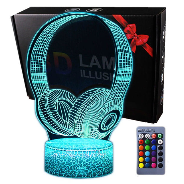 Lampka nocna LED 3D Słuchawki – pilot, USB – zdjęcie produktu