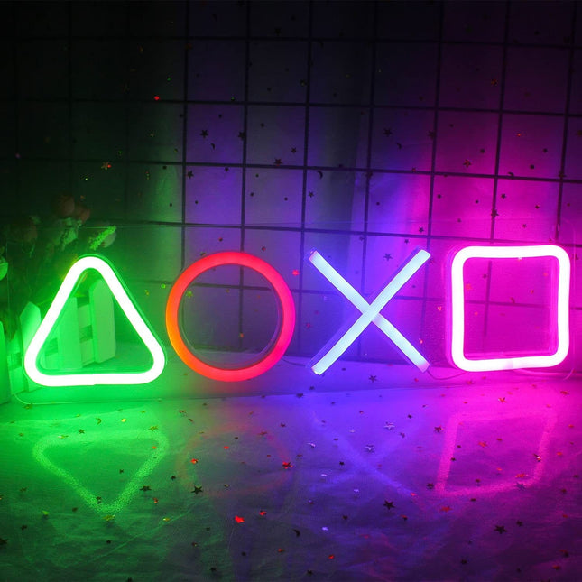 Neon LED Symbole konsoli – DOXO na ścianę – 42 × 12,5 cm, USB/baterie – zdjęcie produktu