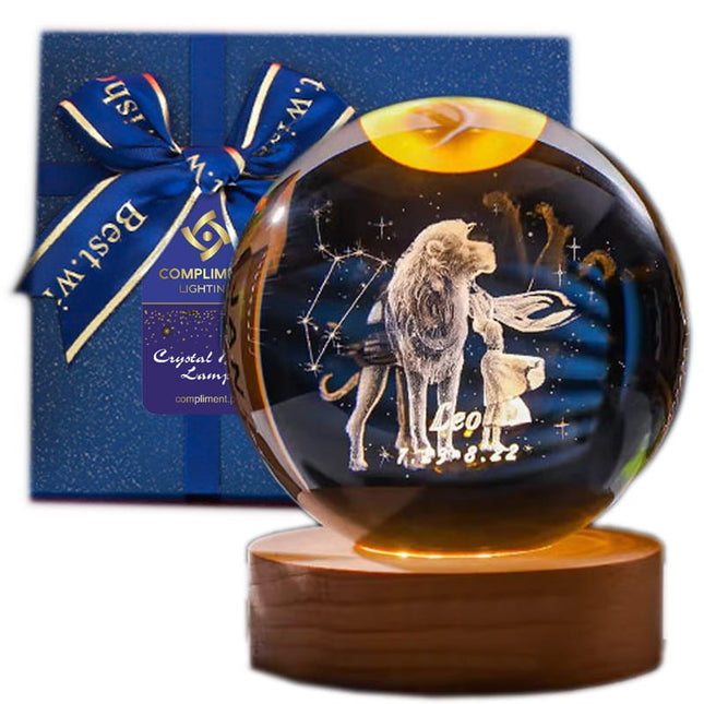 Lampka kryształowa 3D Znak zodiaku Lew – kula LED z drewnianą podstawą – zdjęcie produktu