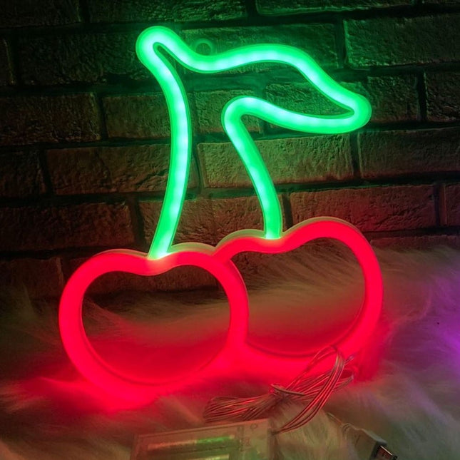 Neon LED Czerwone wiśnie na ścianę – 23 × 19 cm, USB/baterie – zdjęcie produktu