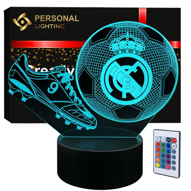 Lampka nocna LED 3D Real Madryt – korki piłkarskie – pilot, 16 kolorów, USB – zdjęcie produktu