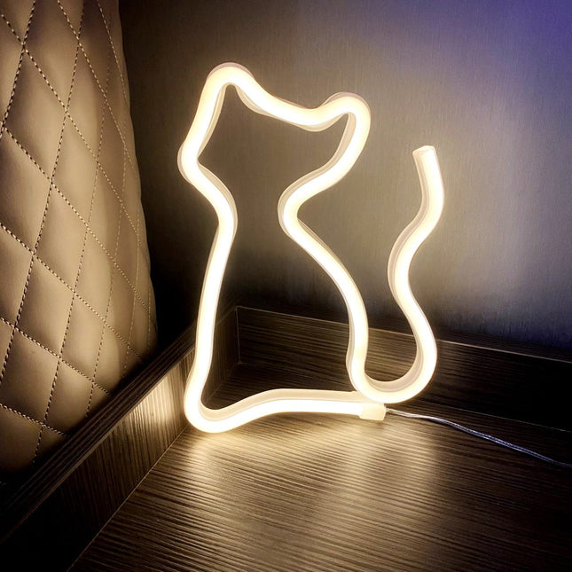 Neon LED Biały kot na ścianę – 25 × 17,5 cm, USB/baterie – zdjęcie produktu