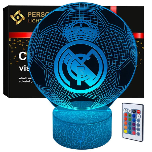 Lampka nocna LED 3D Real Madryt – herb i piłka – pilot, 16 kolorów, USB – zdjęcie produktu