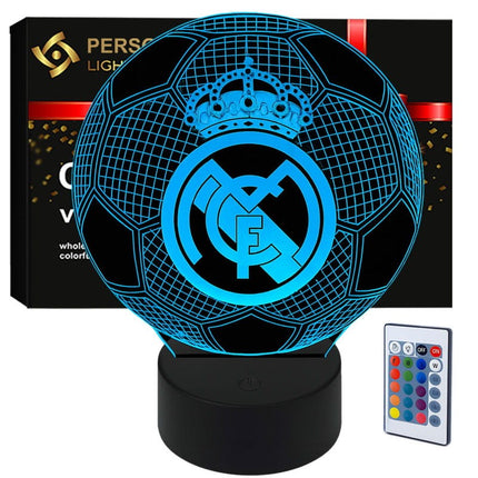Lampka nocna LED 3D Real Madryt – herb i piłka – pilot, 16 kolorów, USB – zdjęcie produktu