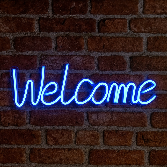 Neon LED Welcome – niebieski na ścianę – USB/baterie – zdjęcie produktu