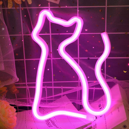 Neon LED Różowy kot na ścianę – 25 × 17,5 cm, USB/baterie – zdjęcie produktu