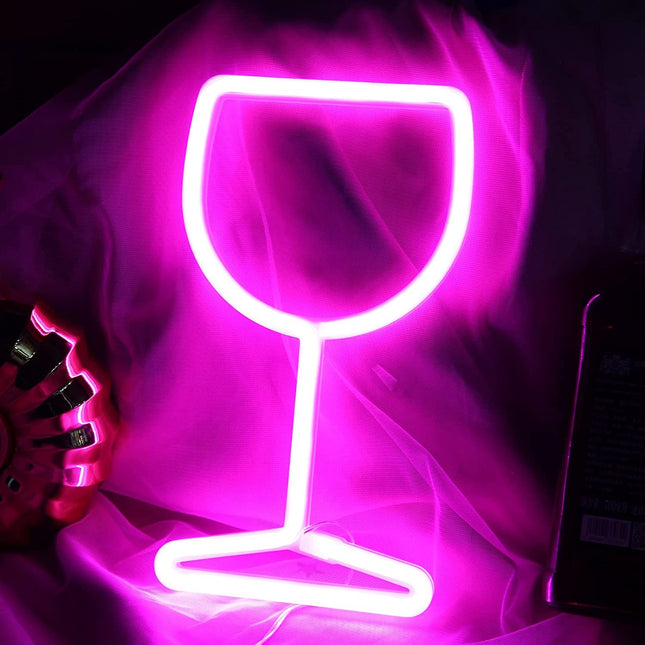 Neon LED Różowy kieliszek do wina na ścianę – 26 × 16 cm, USB/baterie – zdjęcie produktu