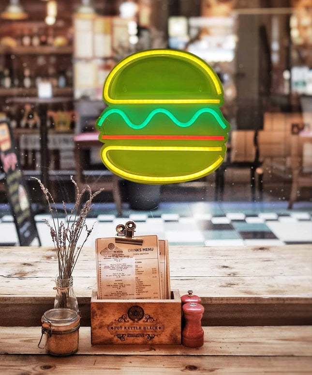 Neon LED Hamburger na ścianę – 42 × 40 cm, USB/baterie – zdjęcie produktu