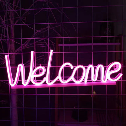 Neon LED Welcome – różowy na ścianę – 42 × 19 cm, USB/baterie – zdjęcie produktu