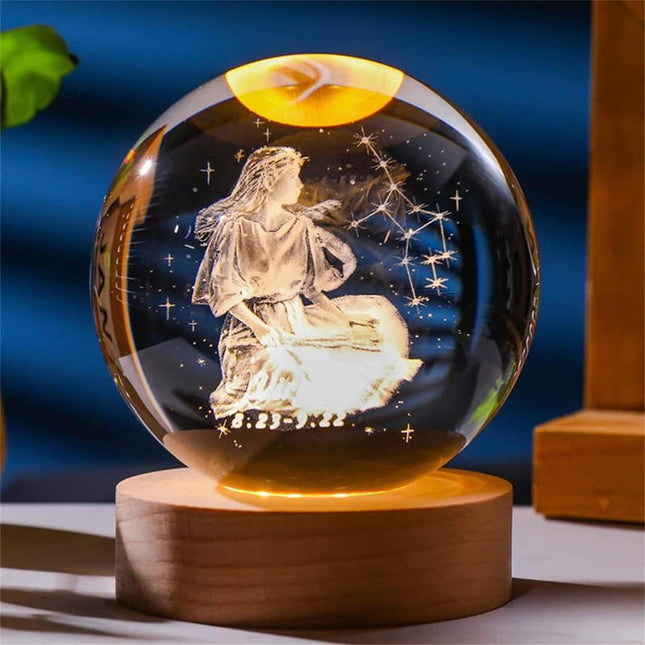 Lampka kryształowa 3D Znak zodiaku Panna – kula LED z drewnianą podstawą – zdjęcie produktu