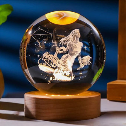 Lampka kryształowa 3D Znak zodiaku Waga – kula LED z drewnianą podstawą – zdjęcie produktu