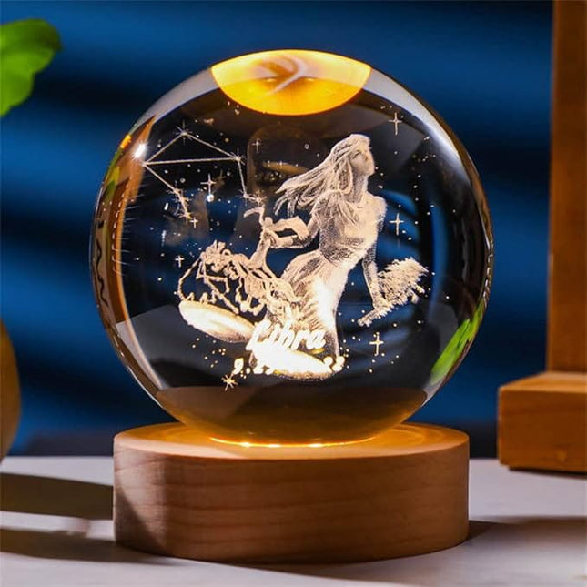 Lampka kryształowa 3D Znak zodiaku Waga – kula LED z drewnianą podstawą – zdjęcie produktu