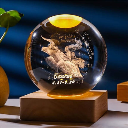 Lampka kryształowa 3D Znak zodiaku Byk – kula LED z drewnianą podstawą – zdjęcie produktu