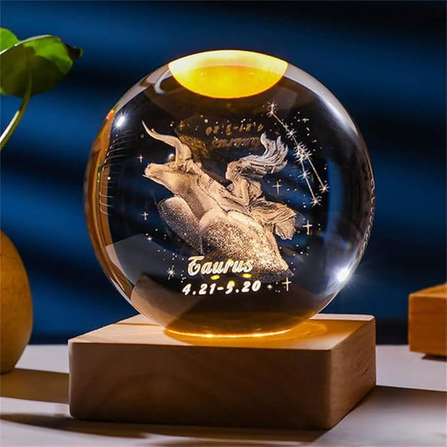 Lampka kryształowa 3D Znak zodiaku Byk – kula LED z drewnianą podstawą – zdjęcie produktu