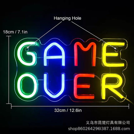 Neon LED Game Over – multicolor na ścianę – 30 × 16 cm, USB/baterie – zdjęcie produktu