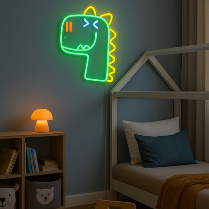 Neon LED Zielony dinozaur na ścianę – 34 × 28 cm, USB/baterie – zdjęcie produktu