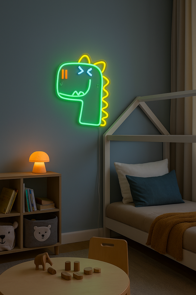 Neon LED Zielony dinozaur na ścianę – 34 × 28 cm, USB/baterie – zdjęcie produktu