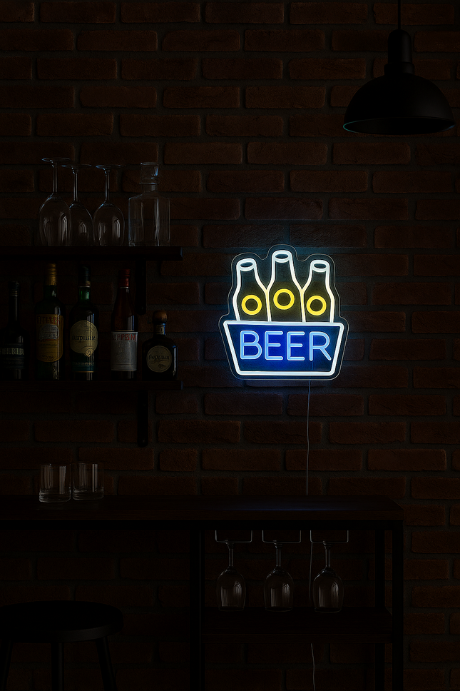Neon LED Butelki piwa na ścianę – 38 × 31 cm, USB/baterie – zdjęcie produktu