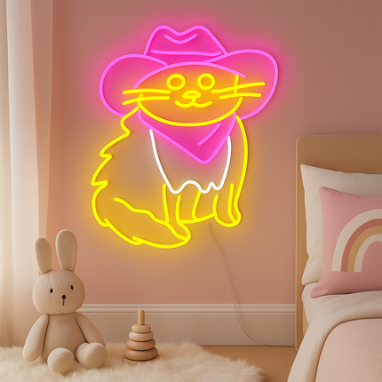 Neon LED Kot w różowym kowbojskim kapeluszu na ścianę – USB – zdjęcie produktu