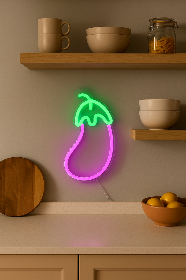 Neon LED Bakłażan na ścianę – USB/baterie – zdjęcie produktu