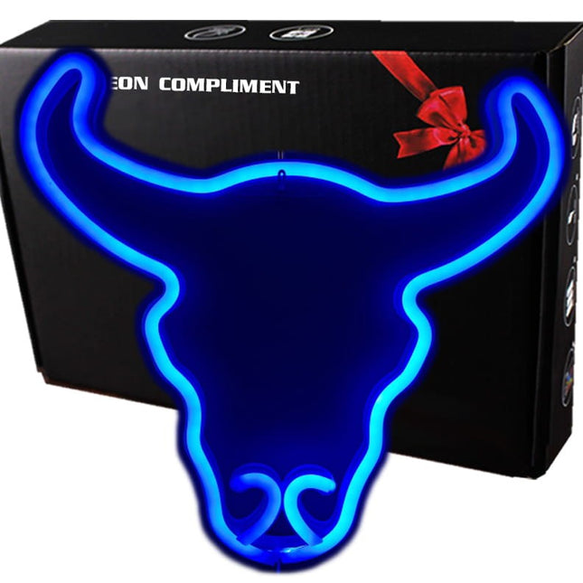 Neon LED Niebieski byk na ścianę – 33 × 33 cm, USB/baterie – zdjęcie produktu
