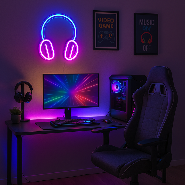 Neon LED Różowo-niebieskie słuchawki na ścianę – USB – zdjęcie produktu