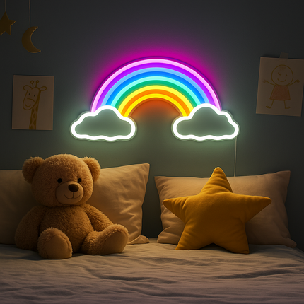Neon LED Tęcza i chmury na ścianę – 37 × 16 cm, USB/baterie – zdjęcie produktu