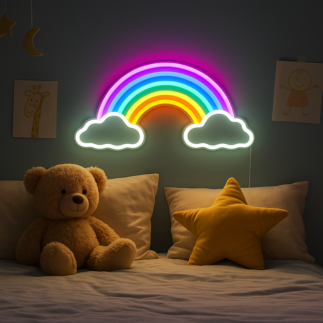 Neon LED Tęcza i chmury na ścianę – 37 × 16 cm, USB/baterie – zdjęcie produktu