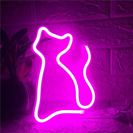 Neon LED Różowy kot na ścianę – 25 × 17,5 cm, USB/baterie – zdjęcie produktu