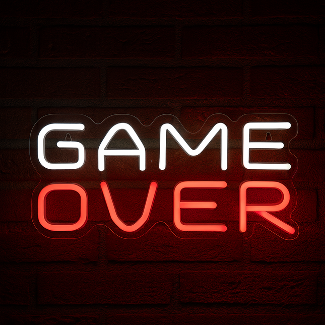 Neon LED Game Over – czerwono-biały na ścianę – 32 × 18 cm, USB/baterie – zdjęcie produktu