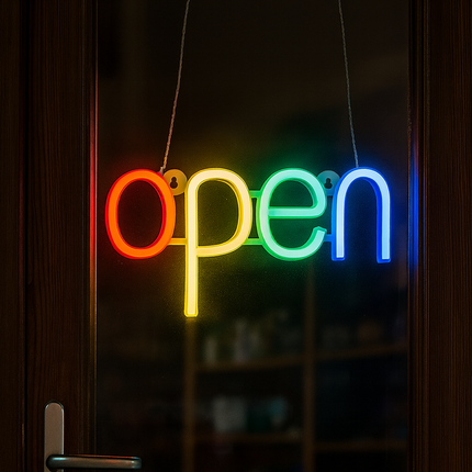 Neon LED OPEN na ścianę – 30 × 15 cm, USB/baterie – zdjęcie produktu