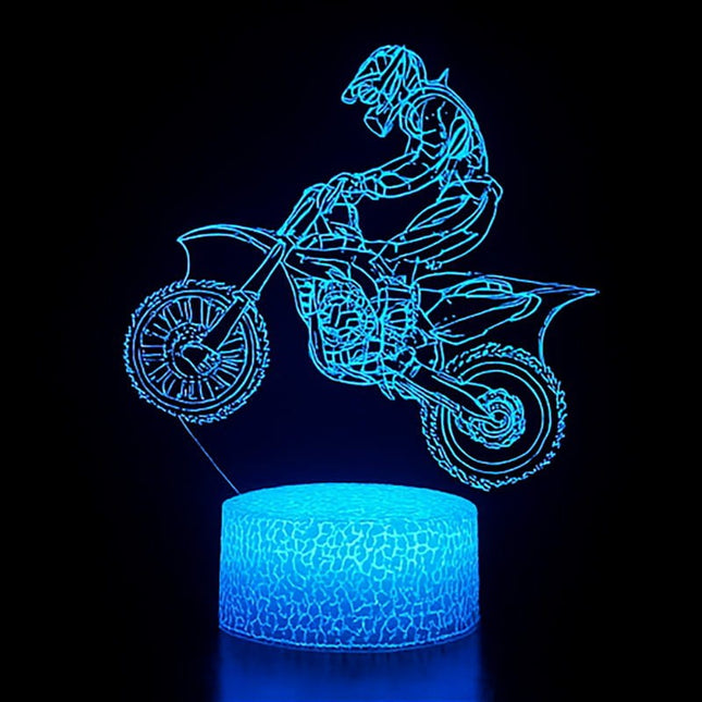 Lampka nocna LED 3D Motocykl cross – pilot, 16 kolorów, USB – zdjęcie produktu