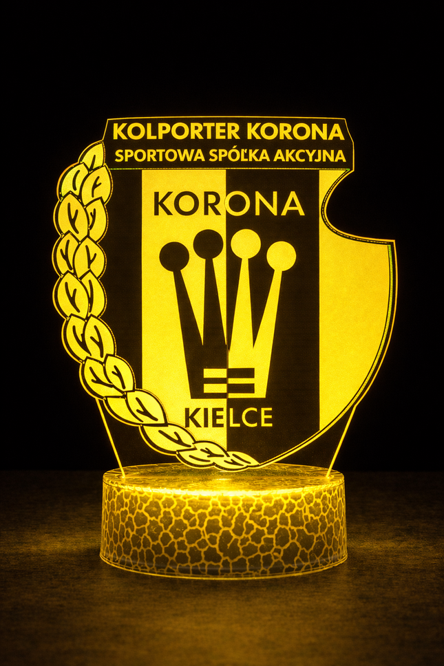 Lampka nocna LED 3D Korona Kielce – pilot, 16 kolorów, USB – zdjęcie produktu