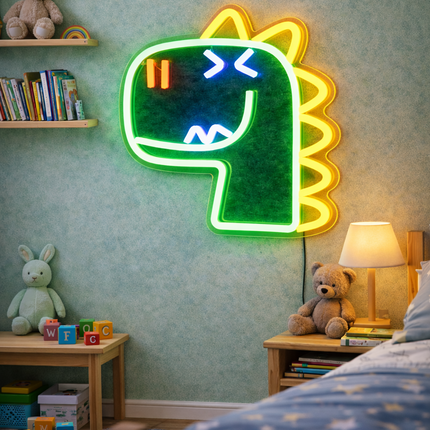 Neon LED Zielony dinozaur na ścianę – 34 × 28 cm, USB/baterie – zdjęcie produktu