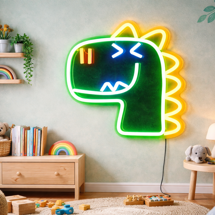Neon LED Zielony dinozaur na ścianę – 34 × 28 cm, USB/baterie – zdjęcie produktu