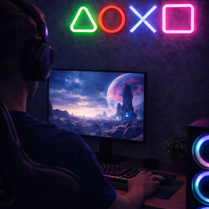 Neon LED Symbole konsoli – DOXO na ścianę – 35 × 9 cm, USB/baterie – zdjęcie produktu
