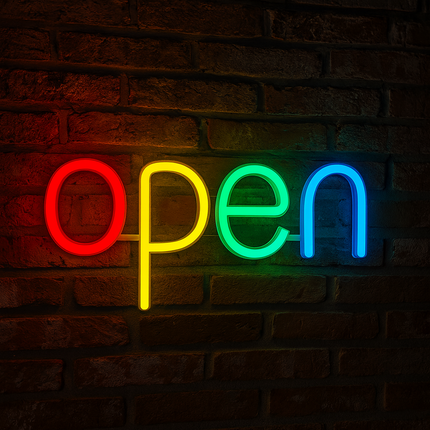 Neon LED OPEN na ścianę – 30 × 15 cm, USB/baterie