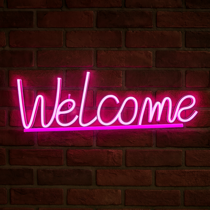 Neon LED Welcome – różowy na ścianę – 42 × 19 cm, USB/baterie