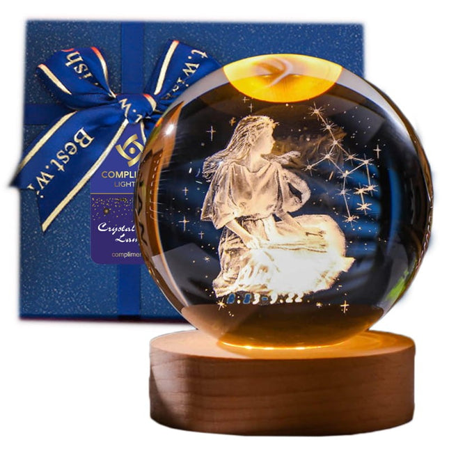 Lampka kryształowa 3D Znak zodiaku Panna – kula LED z drewnianą podstawą
