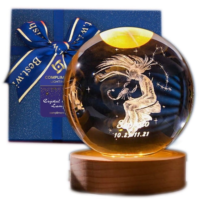 Lampka kryształowa 3D Znak zodiaku Skorpion – kula LED z drewnianą podstawą