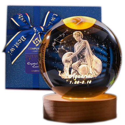 Lampka kryształowa 3D Znak zodiaku Wodnik – kula LED z drewnianą podstawą