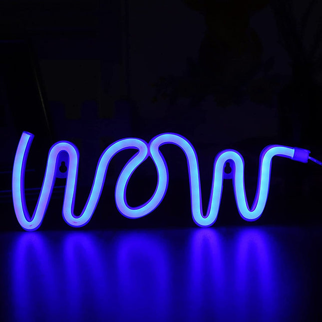 Neon LED WOW – niebieski na ścianę – 42 × 19 cm, USB/baterie