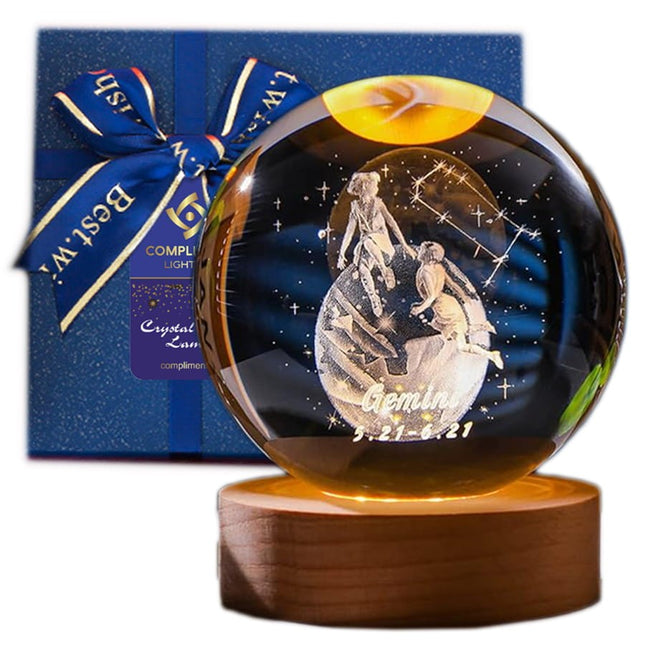 Lampka kryształowa 3D Znak zodiaku Rak – kula LED z drewnianą podstawą