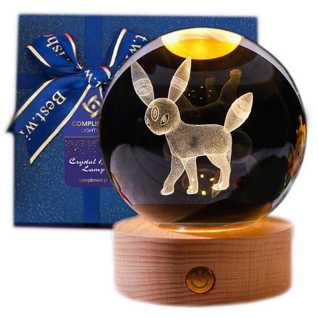 Lampka kryształowa 3D Pokémon – Eevee – kula LED z drewnianą podstawą
