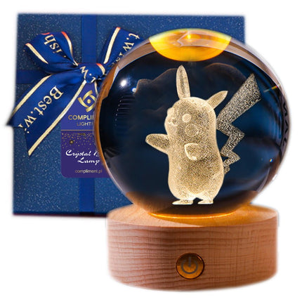 Lampka kryształowa 3D Pokémon – Pikachu – kula LED z drewnianą podstawą