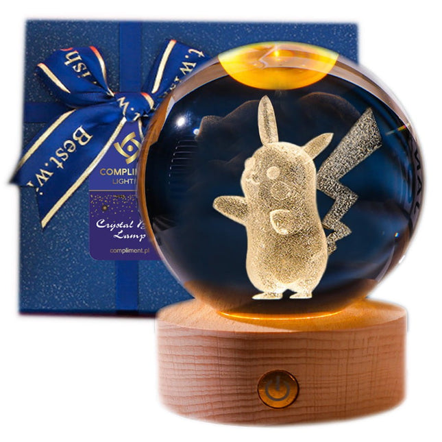 Lampka kryształowa 3D Pokémon – Pikachu – kula LED z drewnianą podstawą
