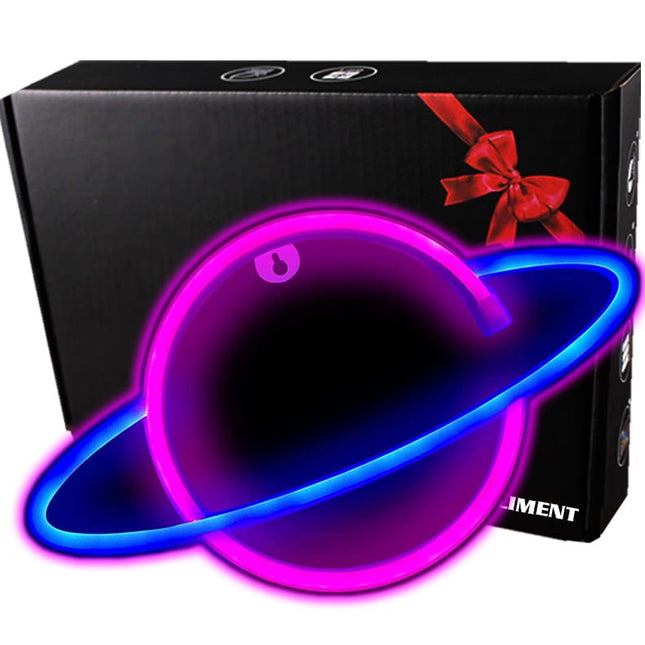 Neon LED Planeta na ścianę – 26 × 17,5 cm, USB/baterie