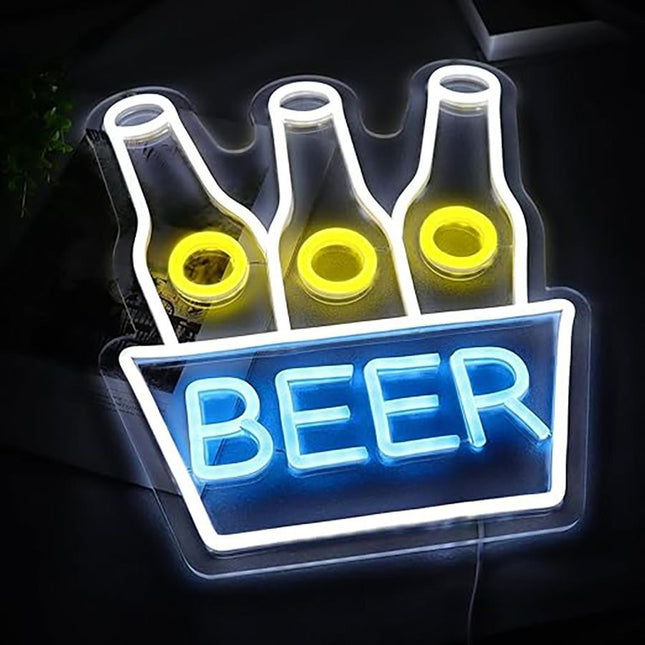 Neon LED Butelki piwa na ścianę – 38 × 31 cm, USB/baterie