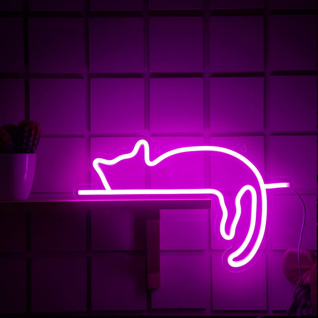 Neon LED Leżący kot na ścianę – 53 × 33 cm, USB
